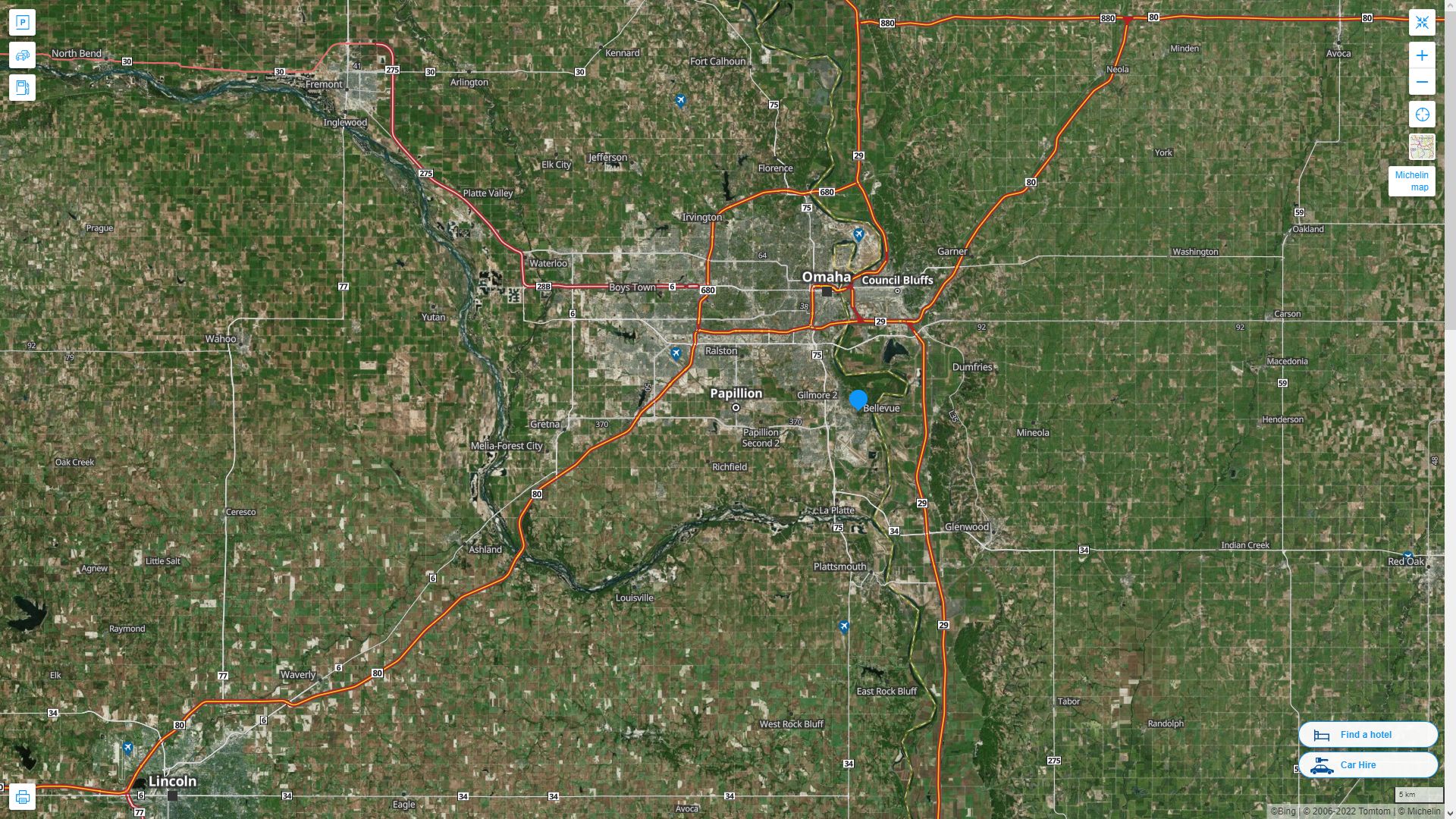 Bellevue Nebraska Highway and Road Map with Satellite View